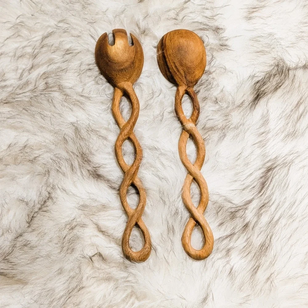 Unique Interconnected Handcrafted Wooden Salad Serving Set: Fork & Spoon